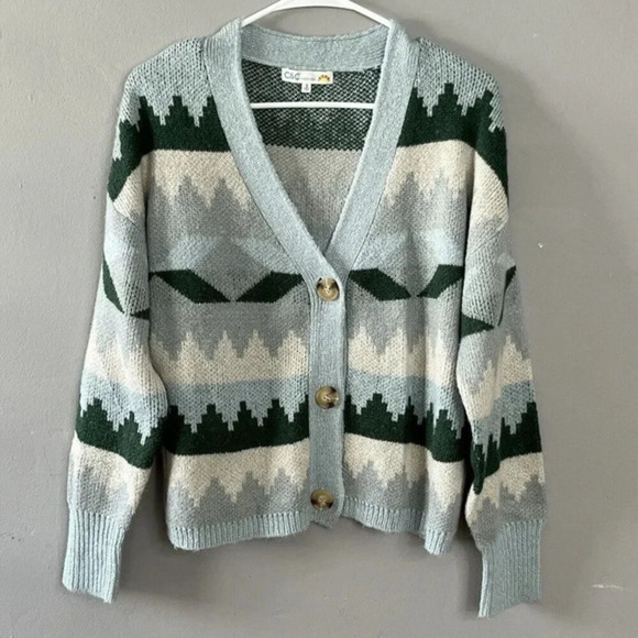 C‎ & C California Crochet Knit Button Front Cardigan Size S Mtn Peaks Colorblock - Picture 1 of 7